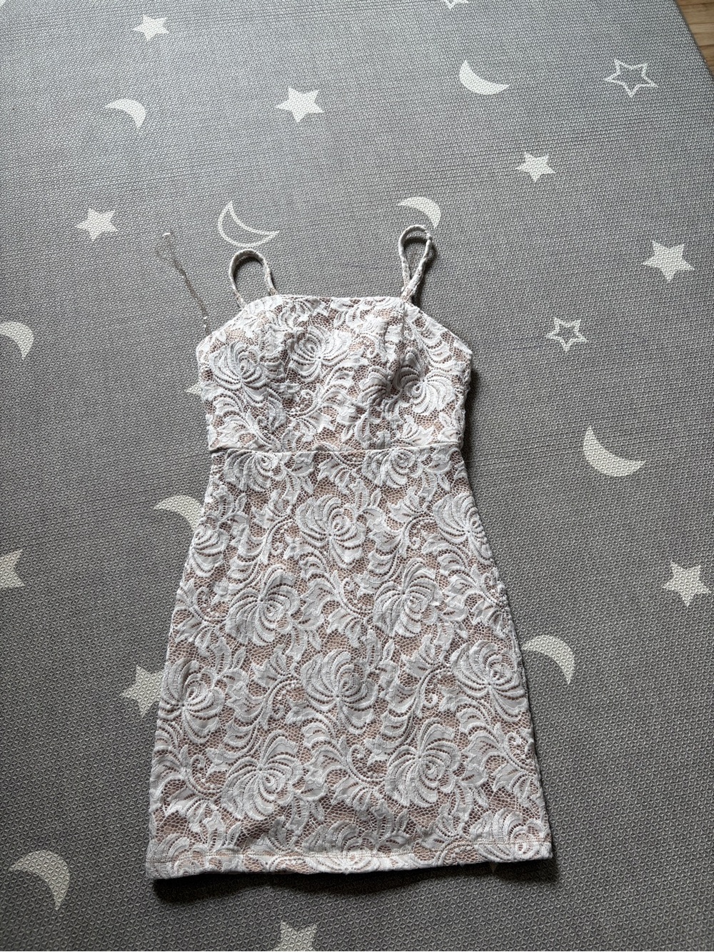 Crystal Doll White Lace Over Nude Slip Dress